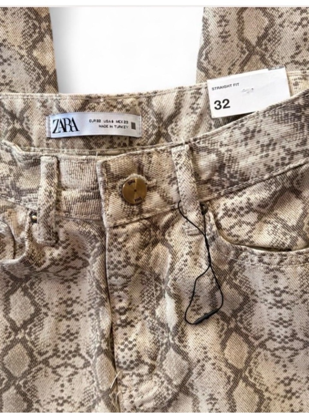 Zara Beige Snake-Print Straight Jeans